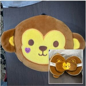 2 In 1 Travel Pillow Round Plush Neck Pillow with Eye Mask Set For Kids Monkey